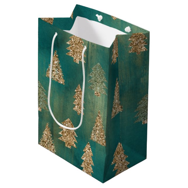 Pine Green Gold Glitter Glam Christmas Trees Medium Gift Bag (Front Angled)