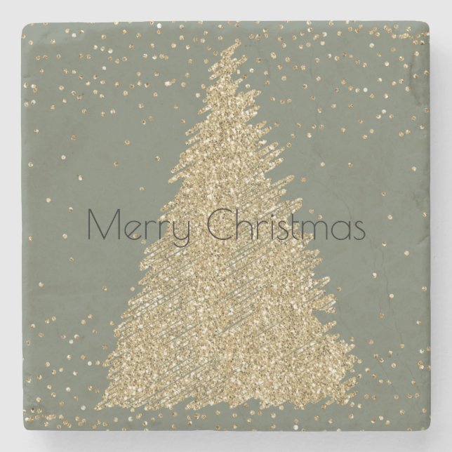 Pine Green Gold Glitter Sparkle Christmas Tree     Stone Coaster (Front)