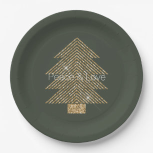 Pine Green Gold Glitzy Glitter Christmas Tree    Paper Plate