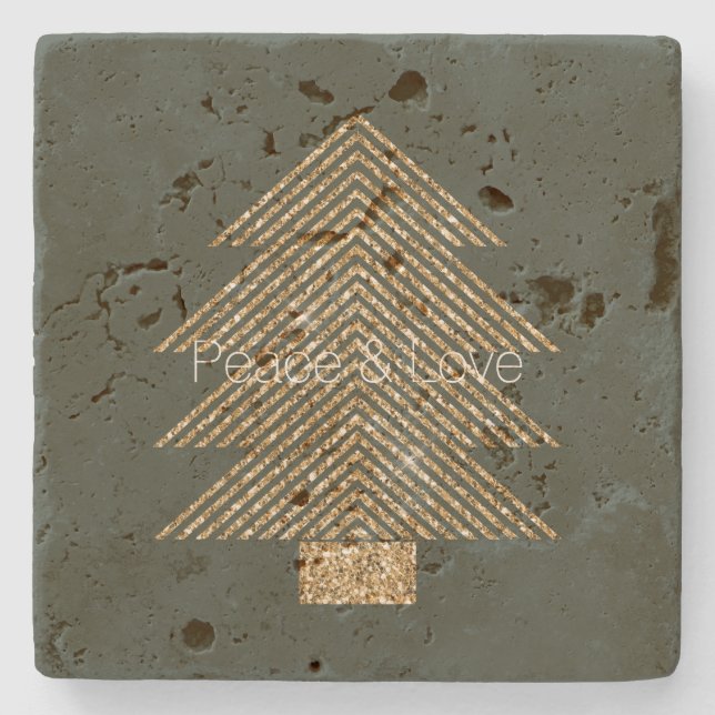 Pine Green Gold Glitzy Glitter Christmas Tree     Stone Coaster (Front)