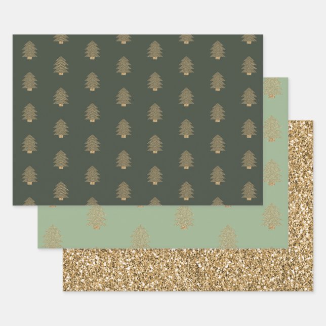 Pine Green Gold Glitzy Glitter Christmas Trees  Wrapping Paper Sheet (Set)