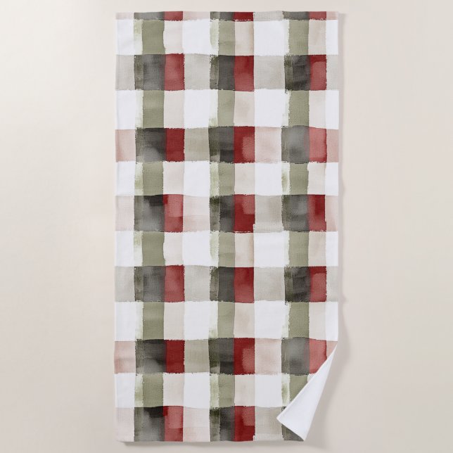 Pine Green Ivory Red Stripes Christmas Beach Towel (Front)