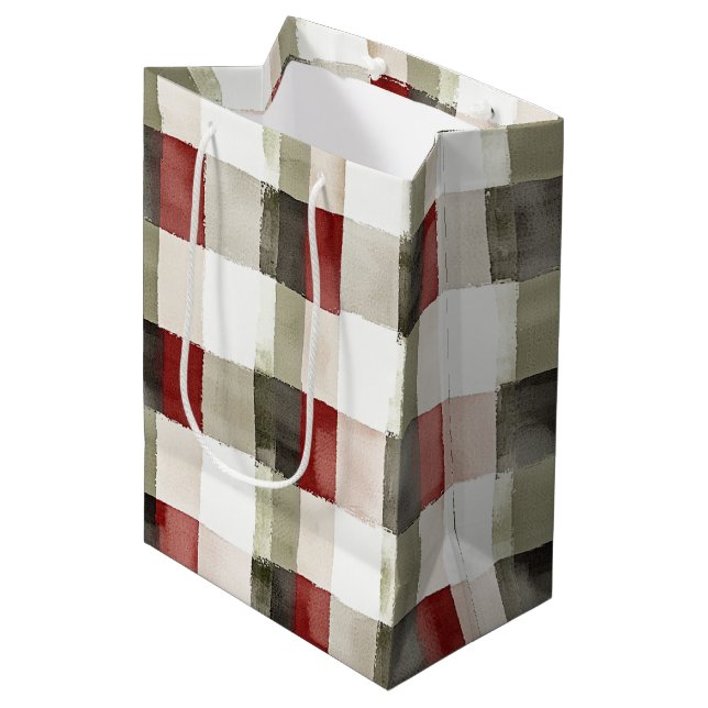 Pine Green Ivory Red Stripes Christmas Medium Gift Bag (Front Angled)