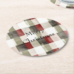 Pine Green Ivory Red Stripes Round Paper Coaster
