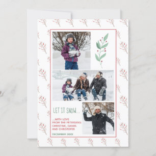 Pine green pink berries family photo holiday card