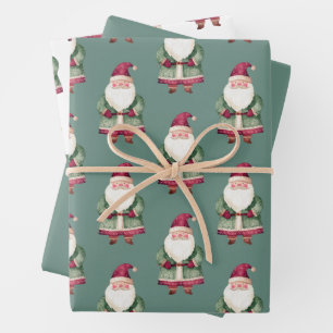 Pine Green Red Merry Christmas Santa Wrapping Paper Sheet