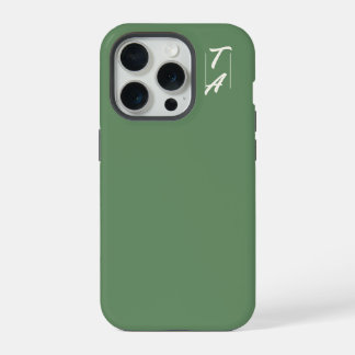 Pine Green Solid Colour White Initials iPhone 15 Pro Case