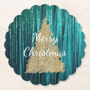 Pine Green Tinsel Gold Christmas Tree Paper Coaster