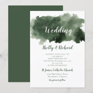 Pine Green Watercolor Wash Winter Wedding Invitation