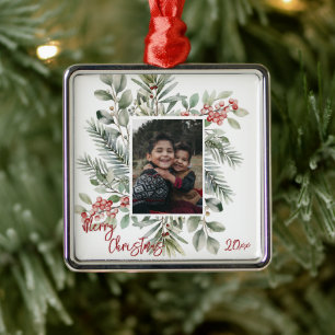 Pine Greenery Holly Photo Merry Christmas Metal Tree Decoration