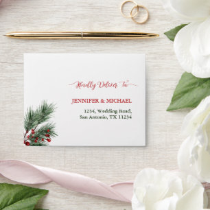 Pine Greenery Red Holly Berries Wedding RSVP  Envelope