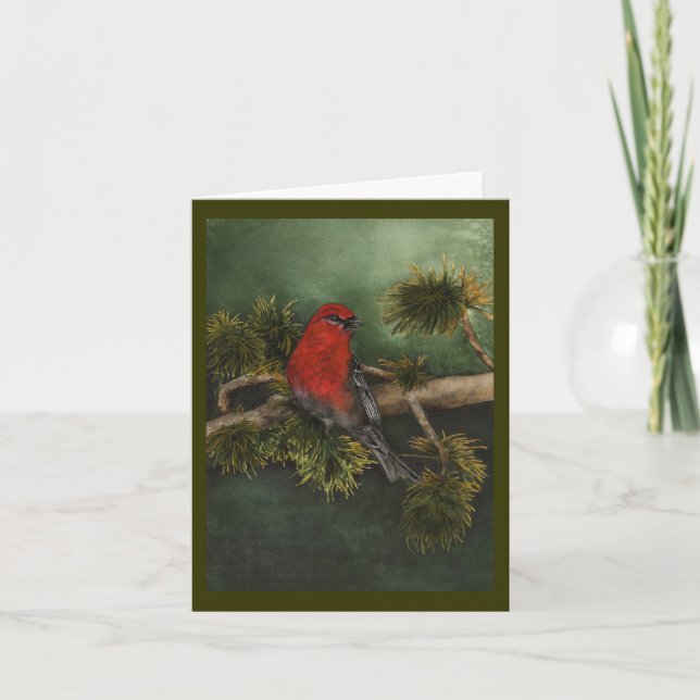Pine Grosbeak New Year Holiday Card (Front)