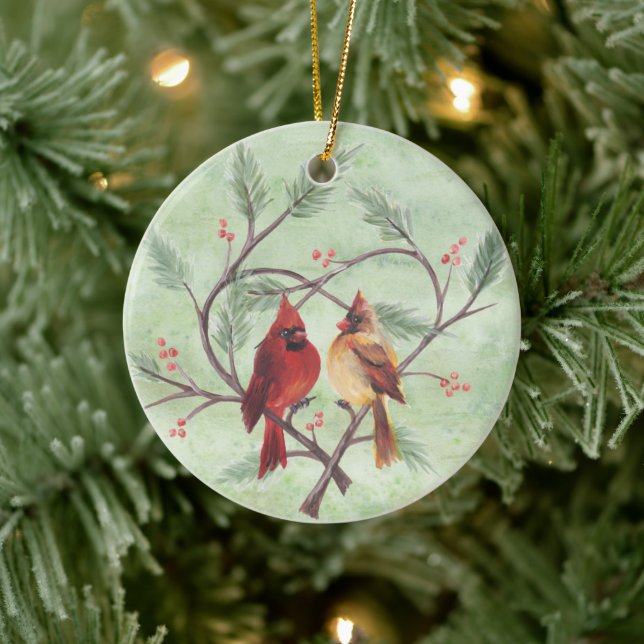 Pine Heart Cardinals on Green Ornament (Tree)