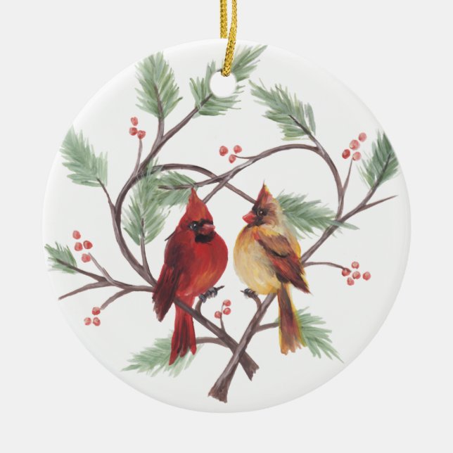 Pine Heart Cardinals Ornament (Front)