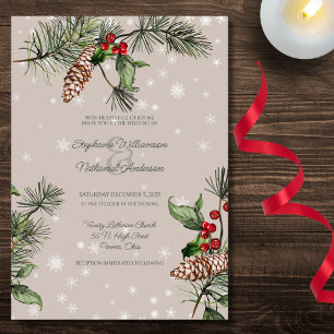Pine & Holly in Snow on Taupe Brown Wedding  Invitation