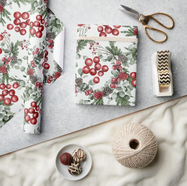 Pine Holly Red Floral Christmas Wrapping Paper (Crafts)