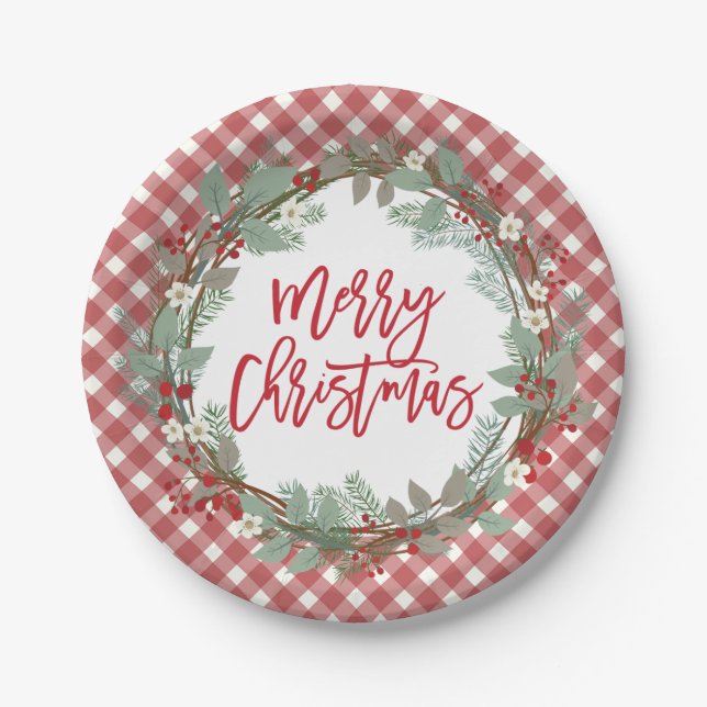 Pine & Holly Rustic Farmhouse Gingham Christmas Paper Plate (Front)