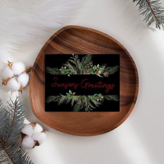 Pine Holly Script Holiday Business Christmas Card  (Creator Uploaded)