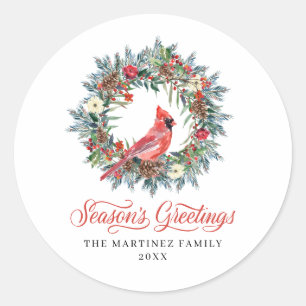 Pine Holly Wreath Cardinal Christmas Classic Round Sticker