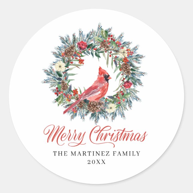 Pine Holly Wreath Cardinal Christmas Classic Round Sticker (Front)