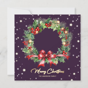 Pine Holly Wreath Purple Photo Merry Christmas Holiday Card