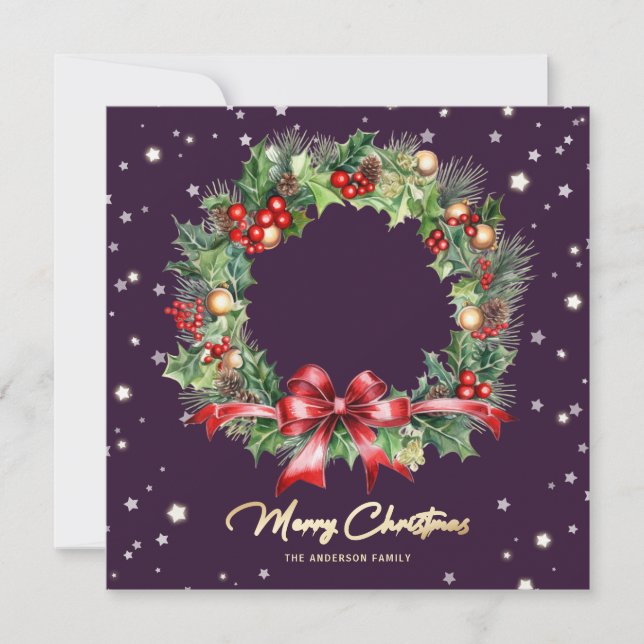 Pine Holly Wreath Purple Photo Merry Christmas Holiday Card (Front)