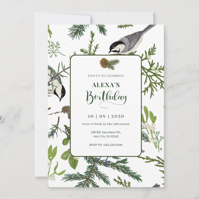 Pine leaves bird birthday invitation (Front)