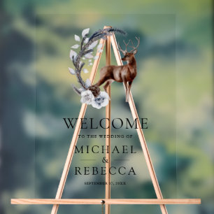Pine Leaves Forest Deer Wedding Welcome Acrylic Sign