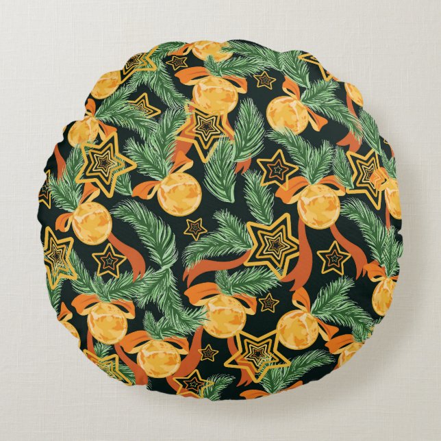 Pine leaves, stars: festive pattern round cushion (Front)
