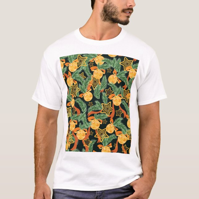 Pine leaves, stars: festive pattern T-Shirt (Front)