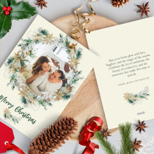 Pine Leaves Wreath Watercolor Snowflake Christmas Holiday Card