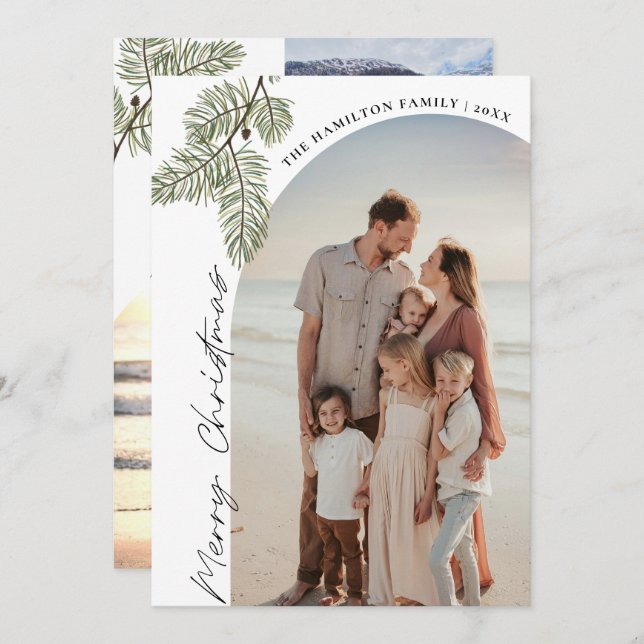 Pine Merry Christmas Minimalist Family 2024 photo Holiday Card (Front/Back)