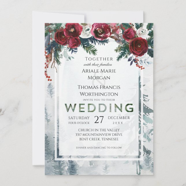 Pine Mountain Roses Winter Wedding Invitation (Front)