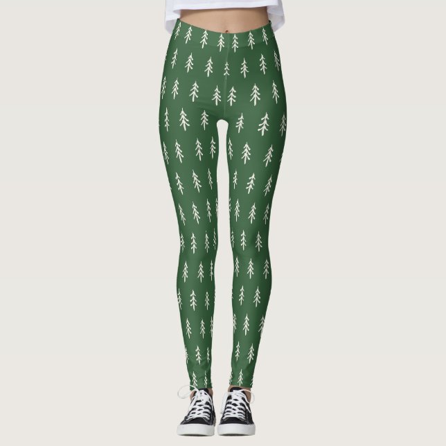 Pine Needle Lane - Green White Pine Tree Pattern Leggings (Front)