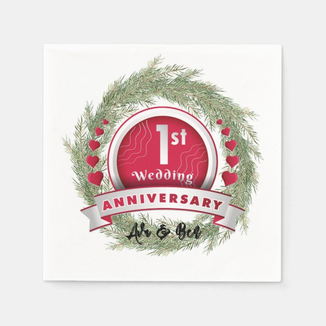Pine Needle Wreath Red 1st Wedding Anniversary  Napkin (Front)