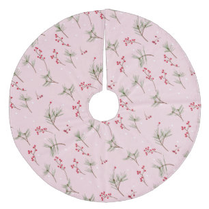 Pine Needles and Christmas Holly on Pink Fleece Tree Skirt