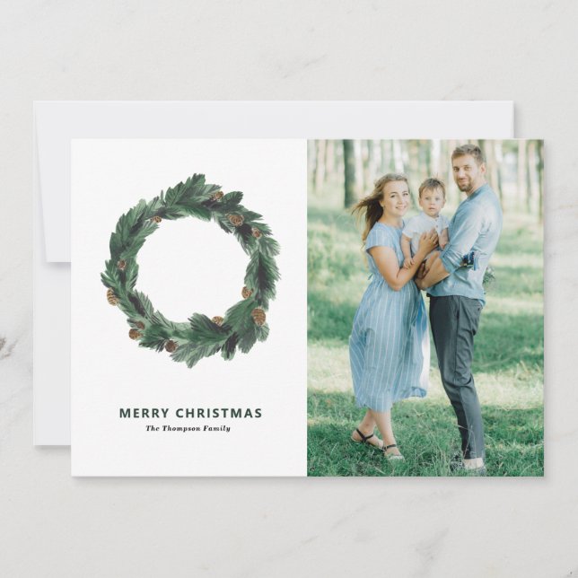 Pine Needles and Pine Cones Wreath Photo Christmas Holiday Card (Front)