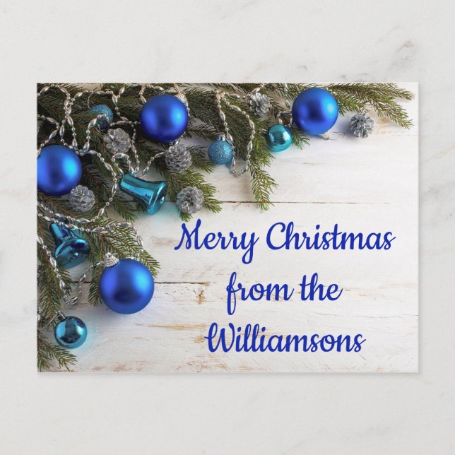 Pine Needles, Cones and Blue Ornaments Christmas Postcard (Front)