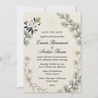 Pine Needles, Edelweiss, White Blossoms, Embossed Invitation