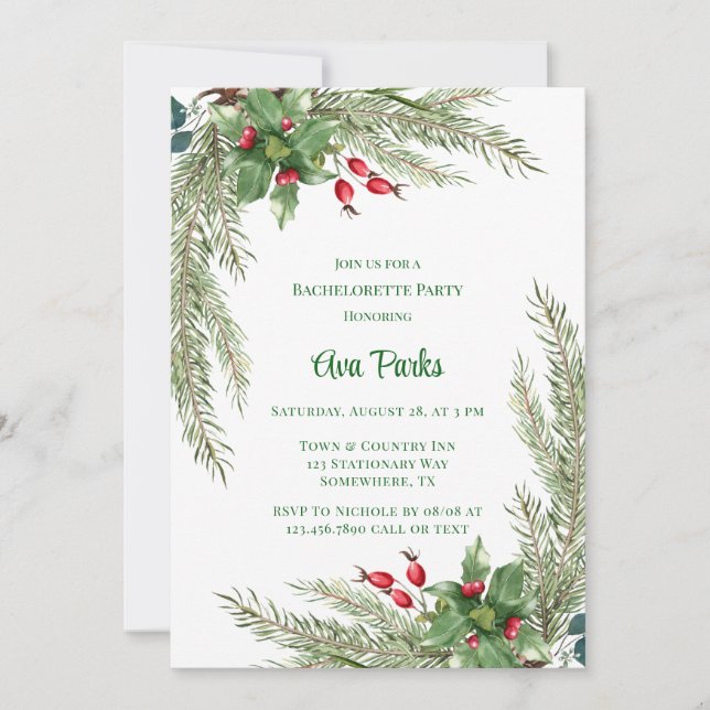 Pine Needles Red Berry Bachelorette Party Invitation (Front)
