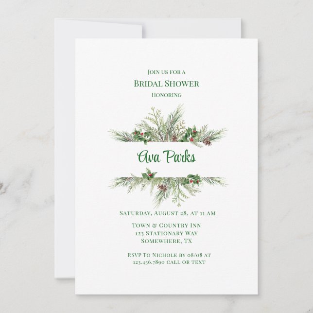 Pine Needles Red Berry Christmas Bridal Shower Invitation (Front)