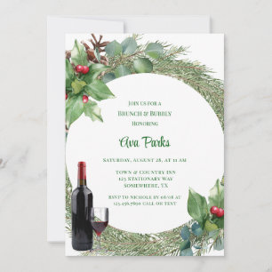 Pine Needles Red Berry Christmas Brunch and Bubbly Invitation