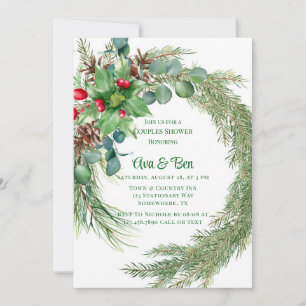 Pine Needles Red Berry Christmas Couples Shower Invitation