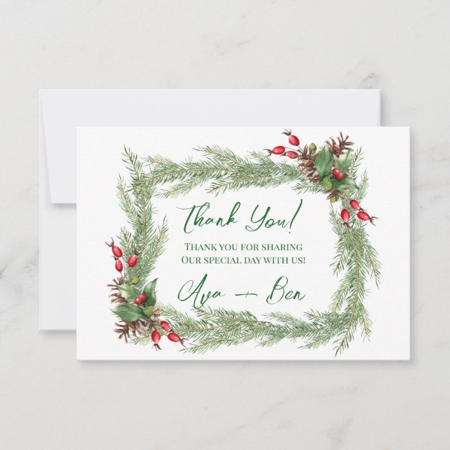 Pine Needles Red Berry Christmas Thank You Card (Front)