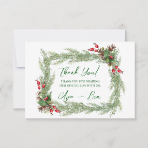Pine Needles Red Berry Christmas Thank You Card