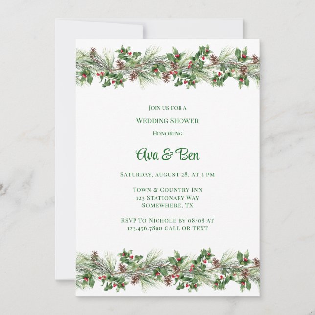 Pine Needles Red Berry Wedding Shower Invitation (Front)