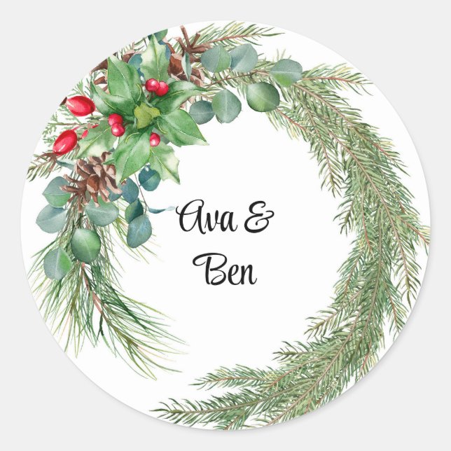 Pine needles red berry wreath wedding classic round sticker (Front)