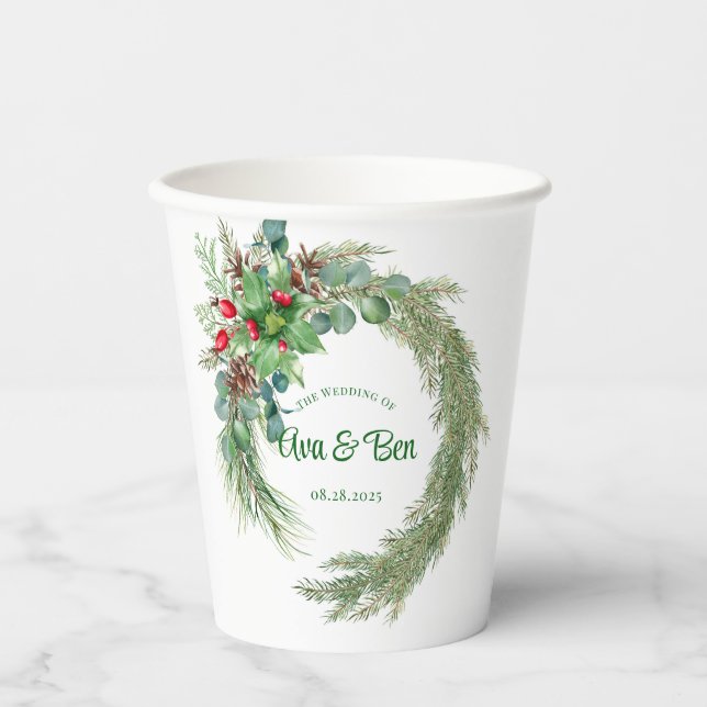 Pine needles red berry wreath wedding paper cups (Front)