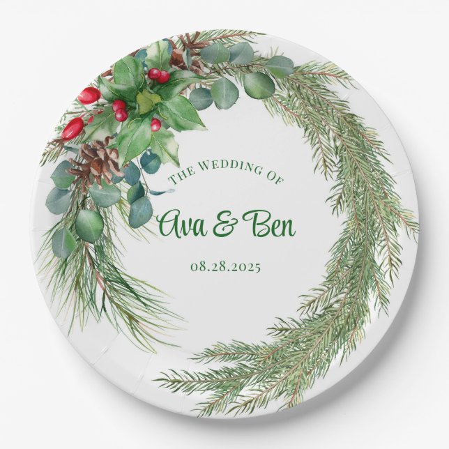 Pine needles red berry wreath wedding paper plate (Front)
