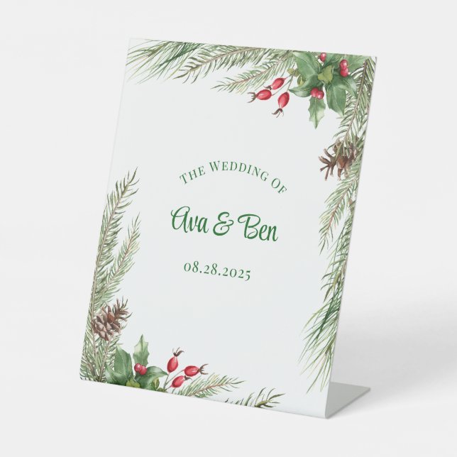 Pine needles red berry wreath wedding pedestal sign (Front)